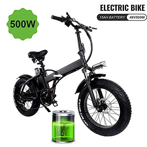 Bicicletas eléctrica : Bicicleta elctrica 500W 48V15Ah Batera de alta capacidad 5 engranajes Horquilla de suspensin Doble freno de disco mecnico 4.0 Neumtico gordo Bicicleta de nieve -40KM / H, 20 pulgadas, Negro