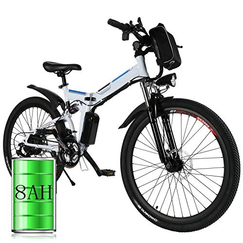 Bicicletas eléctrica : Bicicleta elctrica de montaña, 250W, Batera 36V E-Bike Sistema de Transmisin de 21 Velocidades con Linterna con Batera de Litio Desmontable (A_Blanco, 26 Pulgadas)