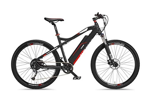 Bicicletas eléctrica : Bicicleta elctrica de montaña de Telefunken, de aluminio, 9 marchas Shimano, Pedelec MTB 27, 5 pulgadas, motor de rueda trasera 250 W, frenos de disco, color antracita / rojo, ascensor M920