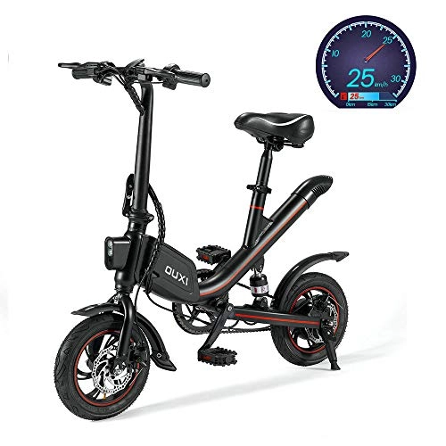 Bicicletas eléctrica : Bicicleta elctrica plegable OUXI V1 de 12 pulgadas, bicicletas elctricas para adultos con 36V 6.6Ah Bicicleta elctrica plegable con pedales Para ciclismo al aire libre, trabajo de conmutacin-Negro