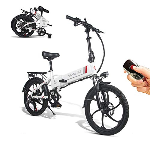 Bicicletas eléctrica : Bicicleta elctrica Samebike con mando a distancia, 20 pulgadas, aluminio, plegable, porttil, 48 V, 10 Ah, batera de litio elctrica, 20LVXD30, Blanco