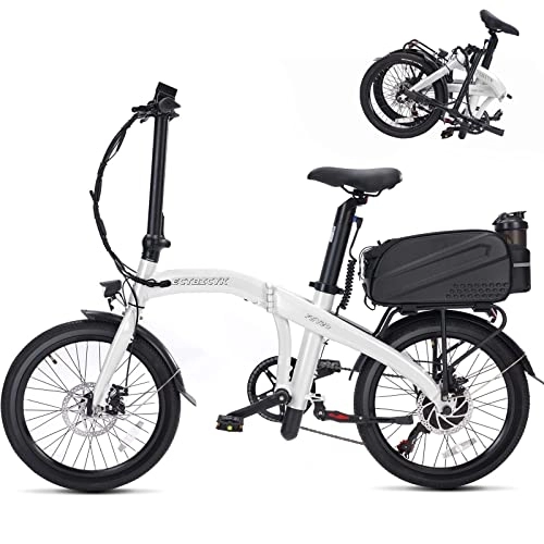 Bicicletas eléctrica : Bicicleta Electrica Plegable 20" para Hombre Mujer, E-Bike Urbana para Adultos Unisex Batería Litio extraíble 36V 9Ah Shimano 7 Vel Blanco