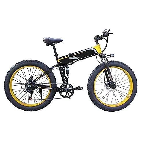 Bicicletas eléctrica : Bicicleta Eléctrica, 26 " E-bike de montaña plegable para adultos, Ebike Fat Tire de 7 velocidades, Motor de 48V 10Ah 350W, Frenos de disco delanteros y traseros, 3 modos de trabajo, Black yellow