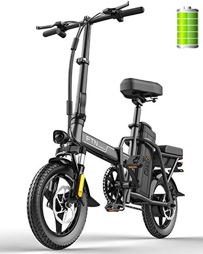 Bicicletas eléctrica : Bicicleta Eléctrica Adulto 14 Pulgadas con Motor 350W y Batería de Litio 48V 15Ah, Velocidad Máxima de 25km / h, Frenos de Disco, E-Bike para Calles Urbanas, Negro