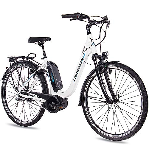 Bicicletas eléctrica : Bicicleta eléctrica Chrisson de 28 pulgadas para mujer de trekking y ciudad – E-Cassiopea blanca – Bicicleta eléctrica para mujer – 7 G Shimano Nexus – Pedelec