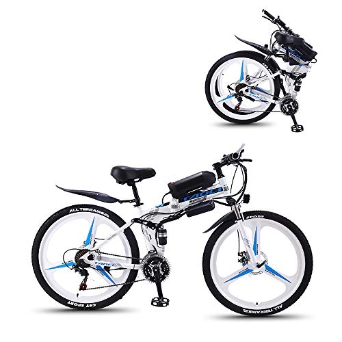 Bicicletas eléctrica : Bicicleta Eléctrica De 26 Pulgadas, Plegable, De Montaña, con Gran Capacidad (36 V, 350 W), Doble Suspensión Y 21 Velocidades Shimano, Blanco, 13AH