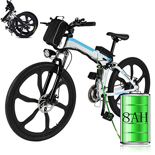 Bicicletas eléctrica : Bicicleta eléctrica de montaña, 250W, Batería 36V E-Bike Sistema de Transmisión de 21 Velocidades con Linterna con Batería de Litio Desmontable (B_Blanco, 26 Pulgadas)