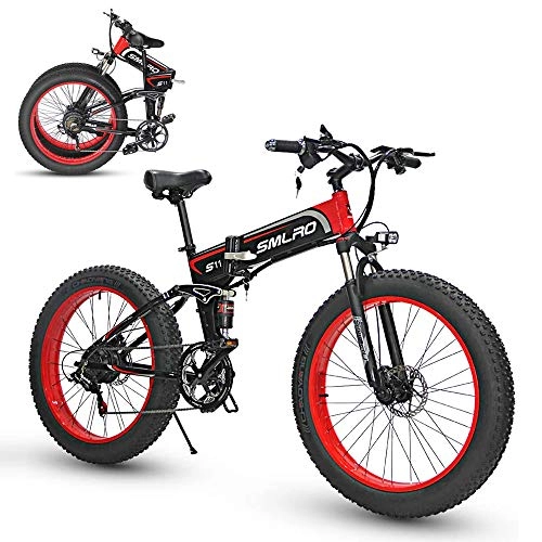 Bicicletas eléctrica : Bicicleta eléctrica de montaña, 500W / 1000W Bicicleta eléctrica Plegable de 26 '' con batería extraíble de Iones de Litio de 48V 8Ah / 10.4Ah para Adultos, Cambio de 21 velocidades Red 1000W