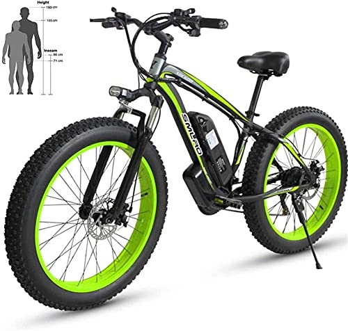 Bicicletas eléctrica : Bicicleta eléctrica de Playa 48V 26 '' Neumático Gordo Potente Motor Montaña Nieve Bicicleta eléctrica Bicicleta de aleación de Aluminio (Color: Negro Verde, Tamaño: 36V10AH)