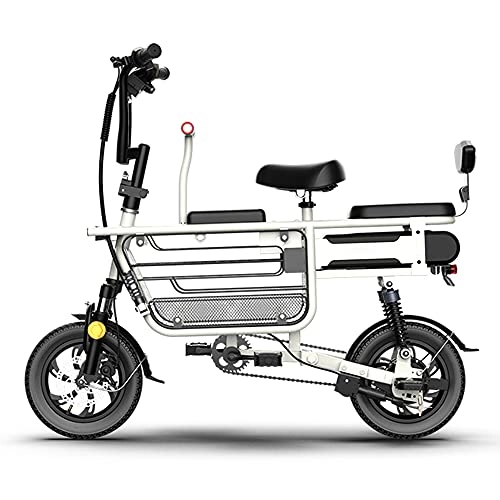 Bicicletas eléctrica : Bicicleta Eléctrica E-Bike de Cercanías de 12'' Motor de 48V 350W Batería de Litio Extraíble Tres Asientos Canasta de Gran Capacidad para Mujer Compras Mascotas Pequeñas Niños, Blanco, 100KM