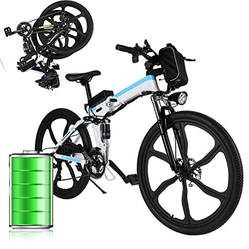 Bicicletas eléctrica : Bicicleta Eléctrica Plegable 250W Unisex Adulto Bicicleta eléctrica Urbana, Bici de Paseo, 8AH, batería de ión Litio de 36V, 26" (Blanco Azul)