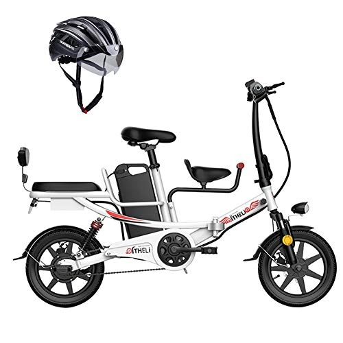 Bicicletas eléctrica : Bicicleta EléCtrica Plegable con Motor de 400 W / 48 V Batería de Litio ExtraíBle NeumáTicos a Prueba de Pinchazos de 14 Pulgadas Velocidad MáXima de 25 Km / h Frenos de Disco Doble, Blanco, 11ah 45km