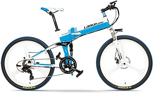 Bicicletas eléctrica : Bicicleta eléctrica plegable de 26 pulgadas, freno de disco delantero y trasero, motor 48V 400W, resistencia larga, con pantalla LCD, bicicleta de asistencia al pedal (color: azul blanco, tamaño: 14.5