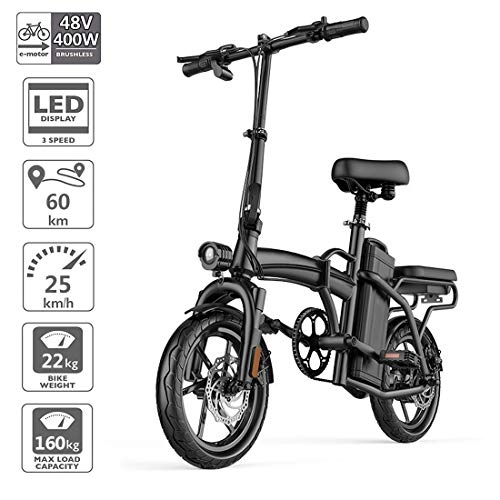 Bicicletas eléctrica : Bicicleta eléctrica plegable, Montaña e-bike aleación de magnesio de 14 pulgadas scooter urbana de 3 velocidades con motor sin escobillas de 400W, MAX 25 km / hy frenos mecánicos de doble disco, Negro