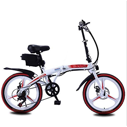 Bicicletas eléctrica : Bicicleta eléctrica Plegable para Adultos, Urbana de 20'' Ebike Motor sin escobillas de 250 W Batería de Litio extraíble Engranaje de 7 velocidades Freno de Disco Doble Unisex (White Red 10A)