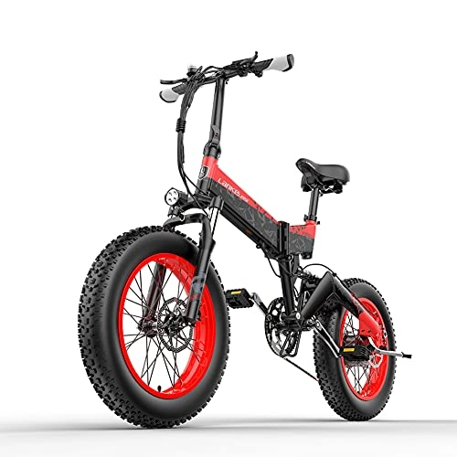 Bicicletas eléctrica : Bicicleta eléctrica Plegable X3000, neumático Grueso de 20 Pulgadas, Motor sin escobillas de 1000 W, batería de 48 v * 14, 5 Ah, Pantalla LCD, Bicicleta eléctrica de 7 velocidades (Rojo)