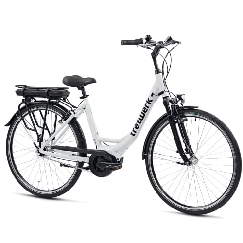 Bicicletas eléctrica : Bicicleta eléctrica Tretwerk de 28 pulgadas, Stella – Bicicleta eléctrica para mujer con 7 marchas Shimano Nexus – Bicicleta eléctrica con motor central 250 W 36 V 468 Wh 60 Nm – Blanco 49 cm