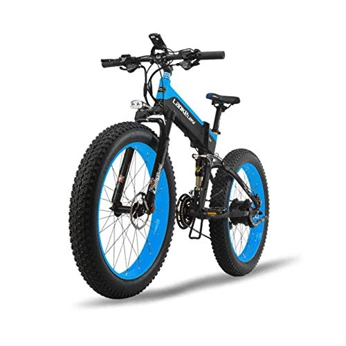 Bicicletas eléctrica : Bicicleta plegable, neumático de montaña de 26 pulgadas de ancho, bicicleta de montaña eléctrica plegable inteligente todo terreno, 27 velocidades, duración de la batería 80-100 km, Blue-48V10ah
