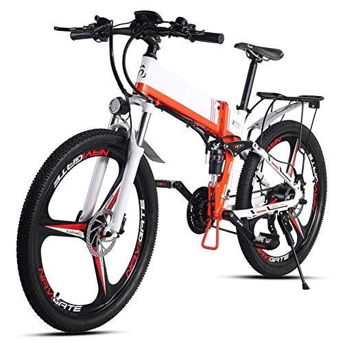 Bicicletas eléctrica : Bicicletas Elctricas Plegables para Adultos Bicicletas Elctricas Montaa Aleacin Aluminio 350 W con Batera Litio 48V10ah Y GPS, Freno Disco Doble Bicicleta 21 Velocidades Mx.40 Km / H, Blanco
