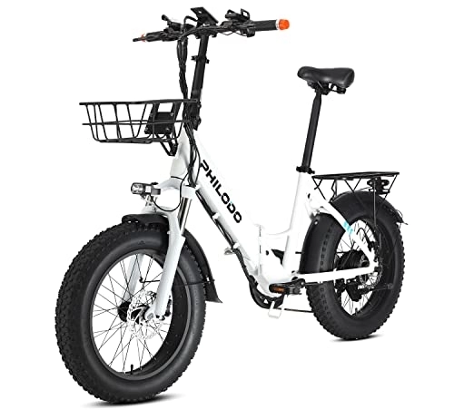 Bicicletas eléctrica : Bicicletas Electricas Plegables, 250W E-Bike de Off-Road Fat De Frenos Hidráulicos, Batería Litio 48V / 13Ah 70KM, con Neumático Gordo 4.0'', Cesta de Carga Delantera, Sin Necesidad de Licencia(Blanco)