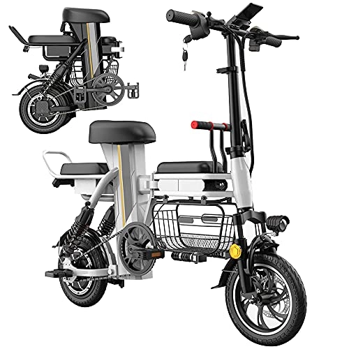 Bicicletas eléctrica : Bicicletas Eléctricas Plegables para Adultos Motor de 48V 350W Batería de Litio Extraíble de 25 a 160km de Alcance Asistencia de Pedal Tres Asientos Canasta de Gran Capacidad, Blanco, 25km