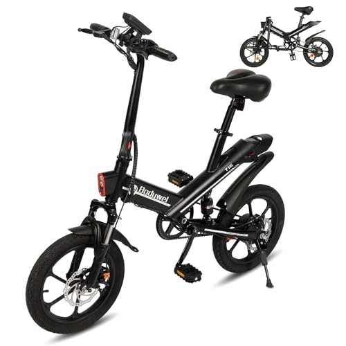 Bicicletas eléctrica : Bodywel T16 Bicicleta Eléctrica Plegable, 16" Portable E-Bike, City EBike con Pantalla LED, Batería 36V / 10.4Ah, Frenos de Doble Disco y Suspensión Delantera, Unisex Adulto (Negro)