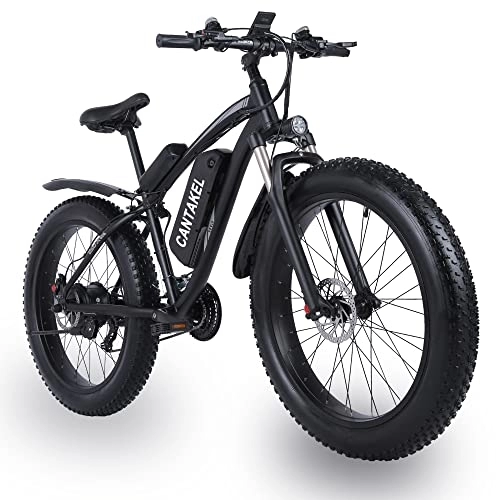 Bicicletas eléctrica : CANTAKEL Bicicleta de Montaña Eléctrica de 26 Pulgadas, Bicicleta Eléctrica para Adultos con Asiento Trasero y Batería Oculta, con Transmisión Profesional de 21 Velocidades