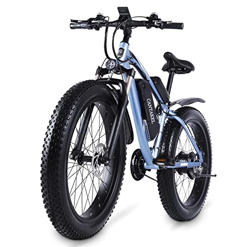 Bicicletas eléctrica : CANTAKEL Bicicleta de Montaña Eléctrica de 26 Pulgadas, Bicicleta Eléctrica para Adultos con Asiento Trasero y Batería Oculta, con Transmisión Profesional Shengmilo de 21 Velocidades (Azul)