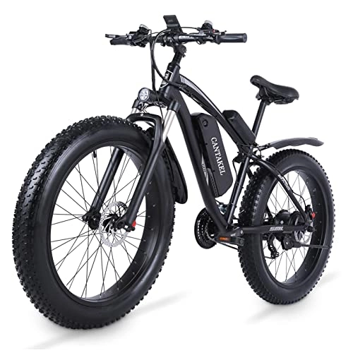 Bicicletas eléctrica : CANTAKEL Bicicleta de Montaña Eléctrica de 26 Pulgadas, Bicicleta Eléctrica para Adultos con Asiento Trasero y Batería Oculta, con Transmisión Profesional Shengmilo de 7 Velocidades (Negro)
