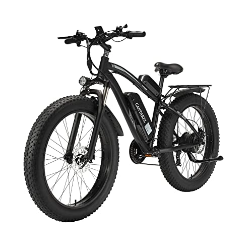Bicicletas eléctrica : CANTAKEL Bicicleta Eléctrica de 26 Pulgadas para Adultos con Asiento Trasero y Batería Oculta, Suspensión Completa Premium, Transmisión Profesional Shengmilo de 21 Velocidades (Negro)