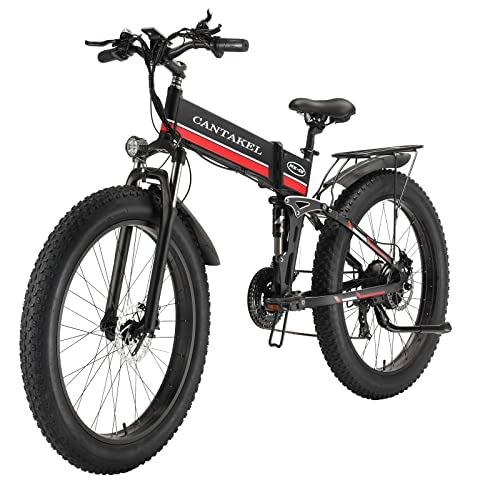Bicicletas eléctrica : CANTAKEL Bicicleta EléCtrica Plegable para Adultos, Bicicleta EléCtrica de 26 Pulgadas / Bicicleta Plegable con Batería de 48 V 12, 8 AH, Engranaje Profesional de 21 Velocidades