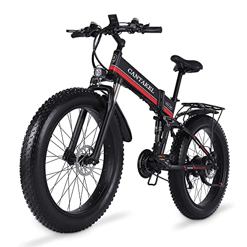 Bicicletas eléctrica : CANTAKEL Bicicleta Eléctrica Plegable para Adultos, Bicicleta Eléctrica de 26 Pulgadas / Bicicleta Plegable con Batería de 48V 12, 8 Ah, Transmisión Profesional de 21 Velocidades (Rojo)