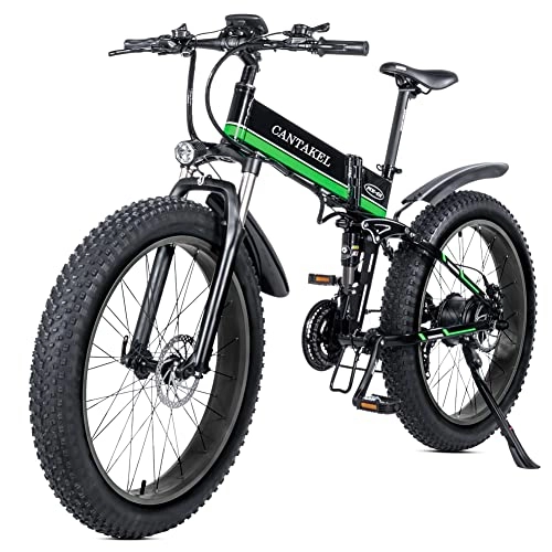 Bicicletas eléctrica : CANTAKEL Bicicleta Eléctrica Plegable para Adultos, Bicicleta Eléctrica de 26 Pulgadas / Bicicleta Plegable con Batería de 48V 12, 8 Ah, Transmisión Profesional de 21 Velocidades (Verde)