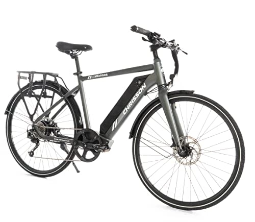 Bicicletas eléctrica : CHRISSON Bicicleta eléctrica de 28 pulgadas, bicicleta de trekking eSARGOS Gent con 9 G Shimano 506 Wh según StvZO Samsung Dark Iron Gris