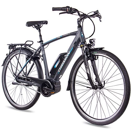 Bicicletas eléctrica : CHRISSON - Bicicleta eléctrica de 28 pulgadas para hombre de trekking y ciudad, color antracita mate, para hombre – 7 marchas Shimano Nexus – Pedelec con motor central Bosch Active Line 250 W, 40 Nm