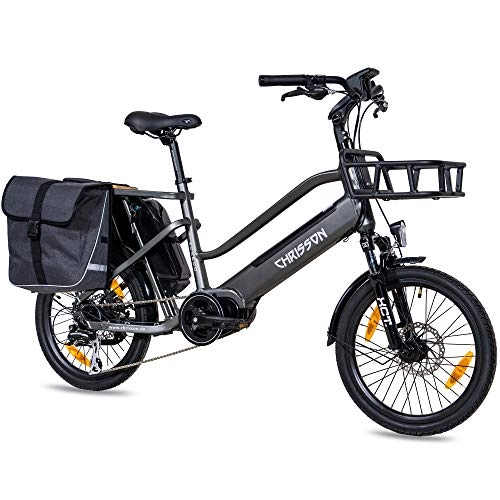 Bicicletas eléctrica : CHRISSON Bicicleta eléctrica de carga ECARGO de 20 pulgadas, color gris, con motor central Bafang MaxDrive de 250 W, 36 V, 80 Nm, rueda de carga para hombre y mujer, práctico transporte