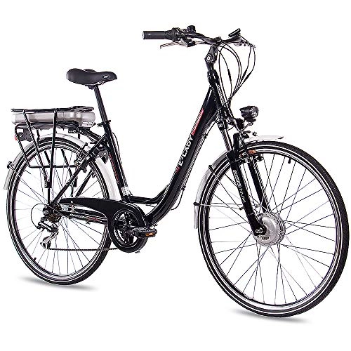 Bicicletas eléctrica : CHRISSON Bicicleta eléctrica de trekking y ciudad para mujer de 28 pulgadas, E-Lady negra con 7 marchas Acera, Pedelec para mujer con motor delantero Bafang 250 W, 36 V