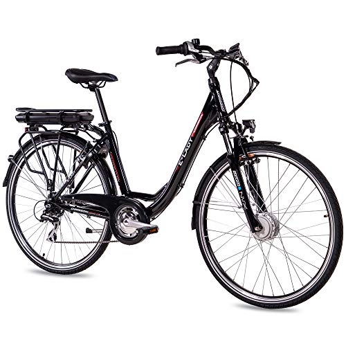 Bicicletas eléctrica : CHRISSON Bicicleta eléctrica de trekking y ciudad para mujer de 28 pulgadas, E-Lady negra con 8 velocidades Acera, Pedelec Mujer con motor delantero Ananda 250 W, 36 V
