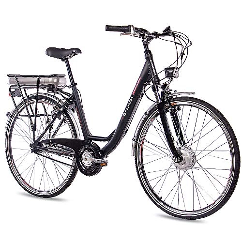 Bicicletas eléctrica : CHRISSON Bicicleta eléctrica de trekking y ciudad para mujer de 28 pulgadas, E-Lady negra con cambio Shimano Nexus de 7 velocidades, Pedelec para mujer con motor delantero Bafang 250 W, 36 V