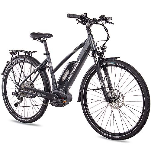 Bicicletas eléctrica : CHRISSON Bicicleta eléctrica E-Actourus para mujer de 28 pulgadas, color antracita mate, 10 velocidades, cambio Shimano Deore, pedelec con motor central Bosch Performance Line 250 W, 63 Nm.