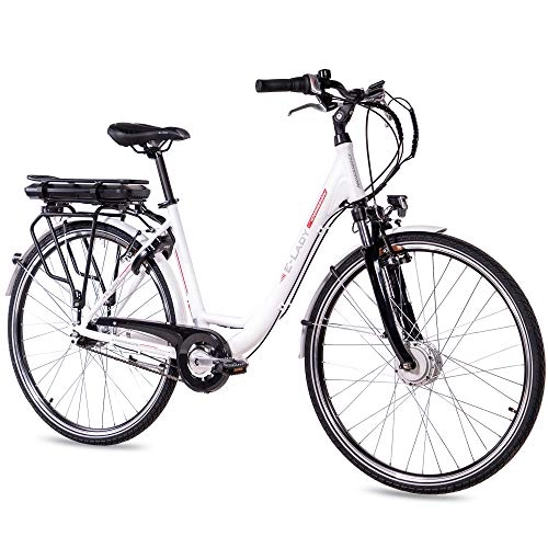Bicicletas eléctrica : CHRISSON Bicicleta eléctrica E-Lady de 28 pulgadas para mujer – blanco con 7 velocidades Shimano Nexus – Pedelec Mujer con motor delantero Ananda 250 W, 36 V