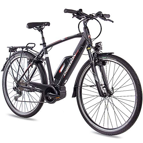 Bicicletas eléctrica : CHRISSON Bicicleta eléctrica para hombre de 28 pulgadas, de trekking y ciudad, color negro mate, con 9 marchas Shimano Deore, Pedelec con motor central Bosch Active Line 250 W, 40 Nm.