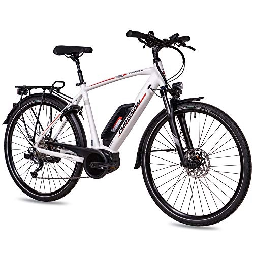 Bicicletas eléctrica : CHRISSON - Bicicleta eléctrica para hombre de 28 pulgadas, para trekking y ciudad, color blanco mate, para hombre – 9 marchas Shimano Alivio – Pedelec con motor central Bosch Active Line 250 W, 40 Nm