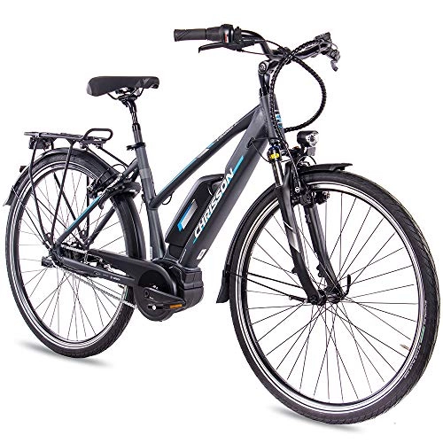 Bicicletas eléctrica : CHRISSON Bicicleta eléctrica para mujer, 28 pulgadas, bicicleta de trekking y ciudad, color antracita mate, 7 marchas Shimano Nexus, Pedelec con motor central Bosch Active Line 250 W, 40 Nm