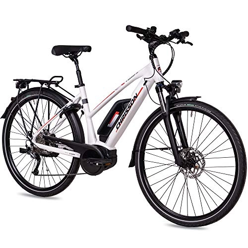 Bicicletas eléctrica : CHRISSON - Bicicleta eléctrica para mujer de 28 pulgadas, color blanco mate, 9 marchas Shimano Alivio, Pedelec con motor central Bosch Active Line 250 W, 40 Nm