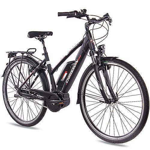 Bicicletas eléctrica : CHRISSON Bicicleta eléctrica para mujer de 28 pulgadas, de trekking y ciudad, color negro mate, cambio de buje Shimano Nexus, Pedelec con motor central Active Line 250 W, 40 Nm