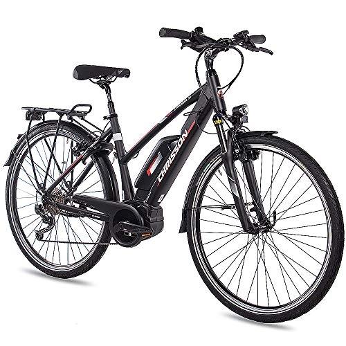 Bicicletas eléctrica : CHRISSON Bicicleta eléctrica para mujer de 28 pulgadas, de trekking y ciudad, E-Rounder negro mate, 9 marchas Shimano Deore, Pedelec con motor central Bosch Active Line 250 W, 40 Nm.