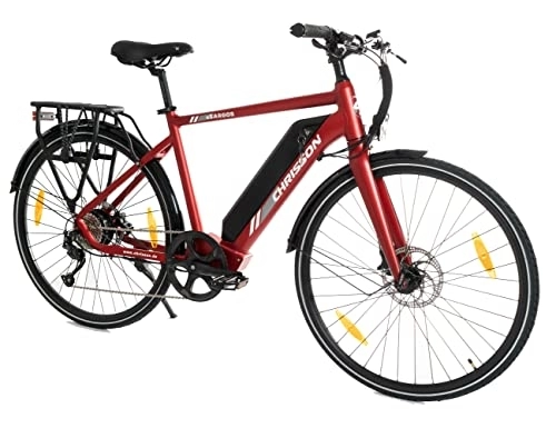 Bicicletas eléctrica : CHRISSON eBike - Bicicleta eléctrica para hombre, 28 pulgadas, eTrekking con 9 G Shimano 14 Ah, AIKEMA Samsung, color rojo tóxico mate