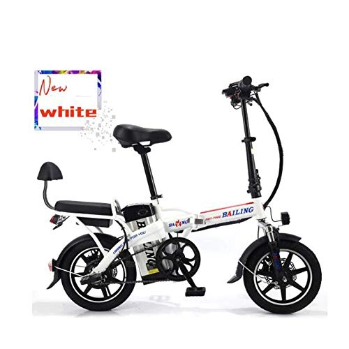 Bicicletas eléctrica : CJCJ-LOVE Plegable Bicicleta Eléctrica, 14 Pulgadas De 48V / 16A Batería De Litio E-Bike Tandem Bicicletas del Asiento Doble De Resistencia 50-60 Km Mini Portátil De Bicicletas, Blanco