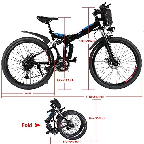 Bicicletas eléctrica : cooshional Bicicleta Elctrica Plegable de Montaa con la Batera de Iones de Litio 36V Ruedas de 26 Pulgadas Color Blanco (EU, Negro)